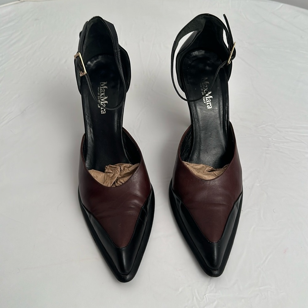 MaxMara brown and black two tone pointed toe leather ankle strap heel shoes